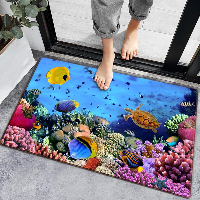 3D-Badezimmerteppich mit Unterwasserfischen, 4 Größen, Oberseite aus Flanell mit Latexpunkten, schnell saugfähige Fußmatte für Dusche, Eingang, Schlafzimmer 60x90cm von Joom DACH