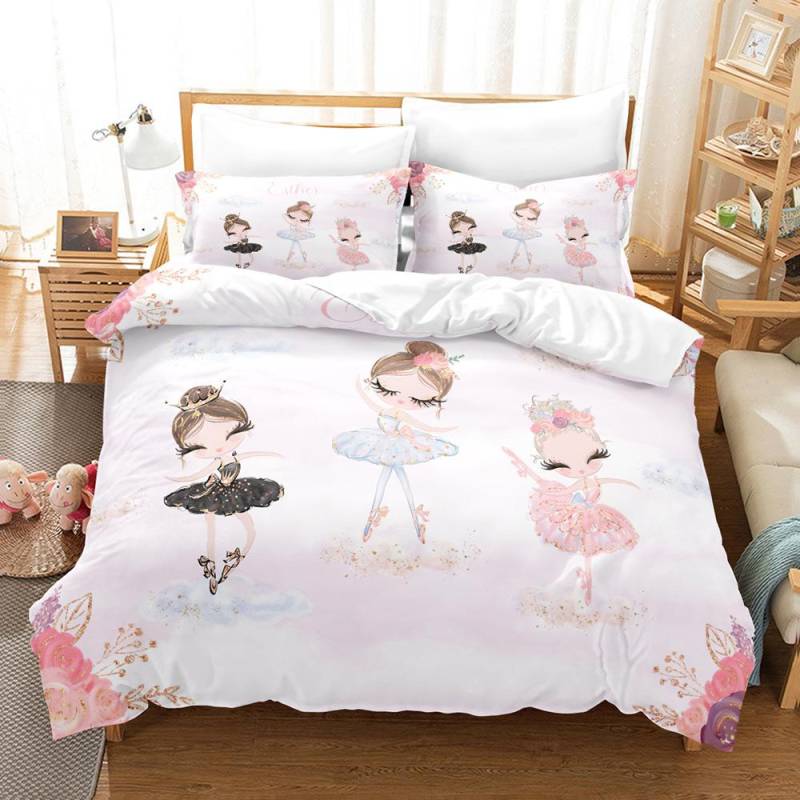 3D-Ballett-Mädchen-Bettwäsche-Set, Cartoon-Mädchen-Tanz-Steppdecke und Kissenbezug, 2/3 Stück, AU140 x 210, Einzel-/Doppelbett, Urlaubsgeschenk, Mädchenzimmer, weiche Heimtextilien Baby 100x135cm von Joom DACH