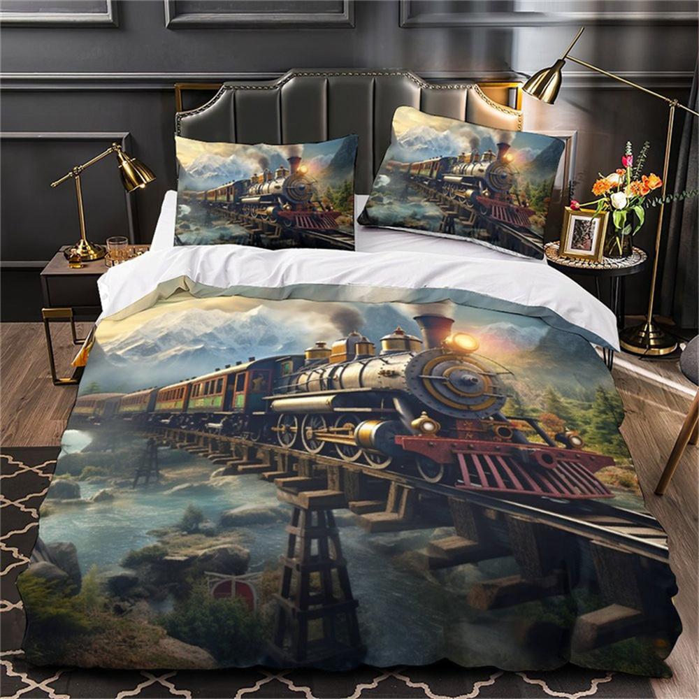 3D Dampflok Zug Bettbezug Set mit Kissenbezügen, 2/3-teiliges Polyester Bettwäscheset ohne Bettdeckenfüllung - Digitaldruck EU Single 135x200cm von Joom DACH