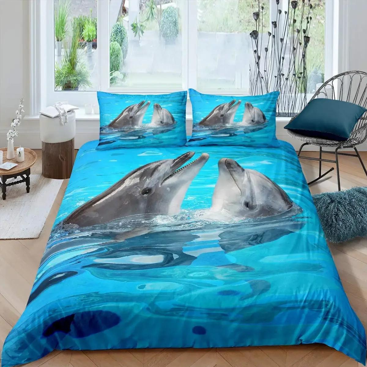 3D-Delfin im blauen Meer, Queen- und King-Size-Bettwäsche-Sets, Tier-Einzelbettdecke, Bettbezug-Set, Kinderbett für Erwachsene, Polyester-Bettwäsche US Twin(172x218cm) von Joom DACH