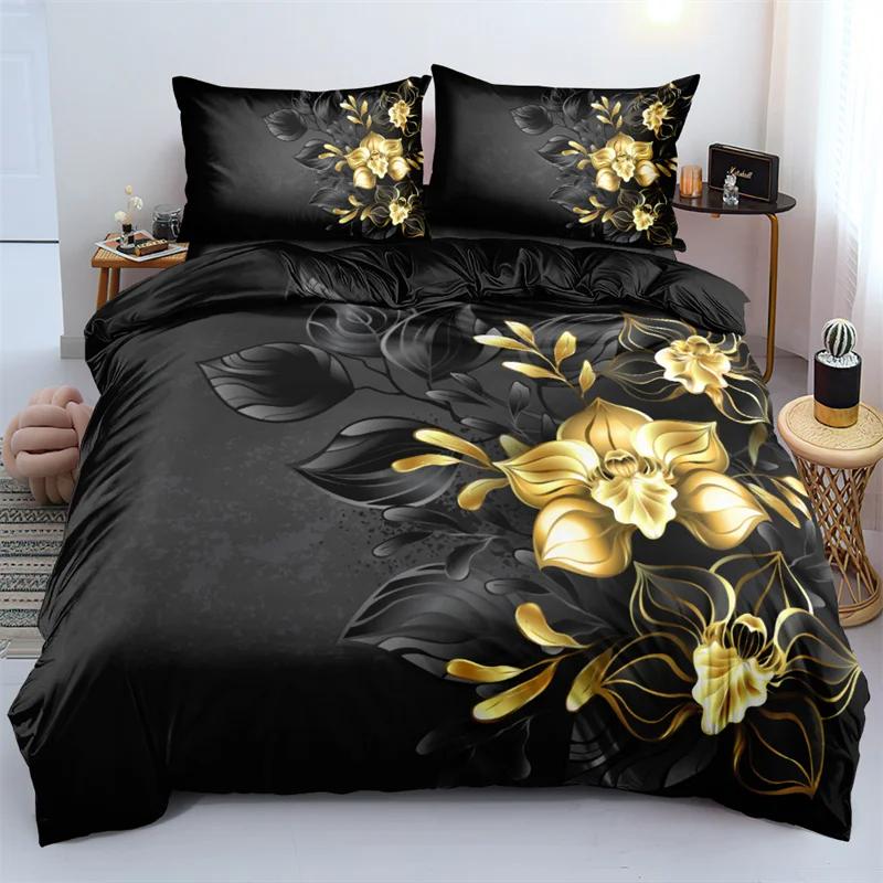 3D Design Blume Bettbezug Sets King Queen Twin Größe Blumendruck Bettwäsche Set Schlafzimmer Dekor Dunkelgoldene Blumen für Mädchen Frauen EU single(135x200cm) von Joom DACH