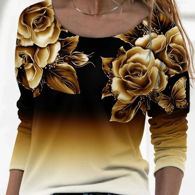 3D-Druck Blumen-T-Shirt Damen Langarm O-Ausschnitt Lose T-Shirt Damen Plus Size Tops Frühling Herbst Kleidung 4XL von Joom DACH