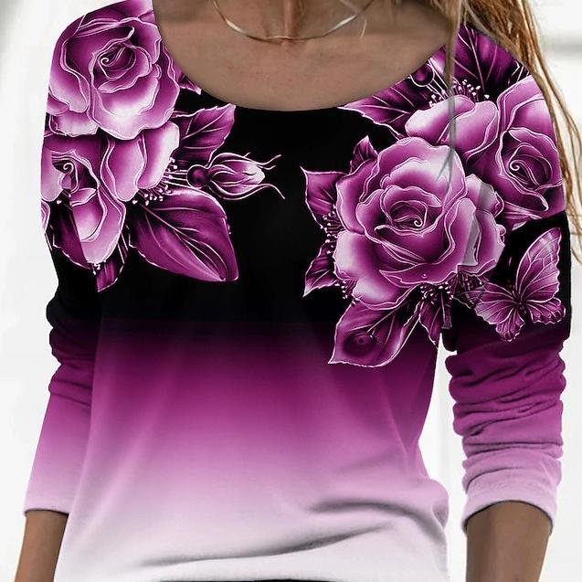 3D-Druck Blumen-T-Shirt Damen Langarm O-Ausschnitt Lose T-Shirt Damen Plus Size Tops Frühling Herbst Kleidung M von Joom DACH