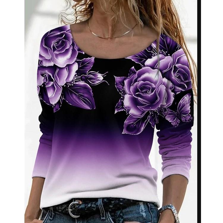 3D-Druck Blumen-T-Shirt Damen Langarm O-Ausschnitt Lose T-Shirt Damen Plus Size Tops Frühling Herbst Kleidung S von Joom DACH