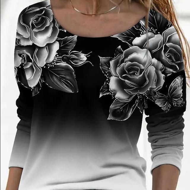 3D-Druck Blumen-T-Shirt Damen Langarm O-Ausschnitt Lose T-Shirt Damen Plus Size Tops Frühling Herbst Kleidung XXL von Joom DACH