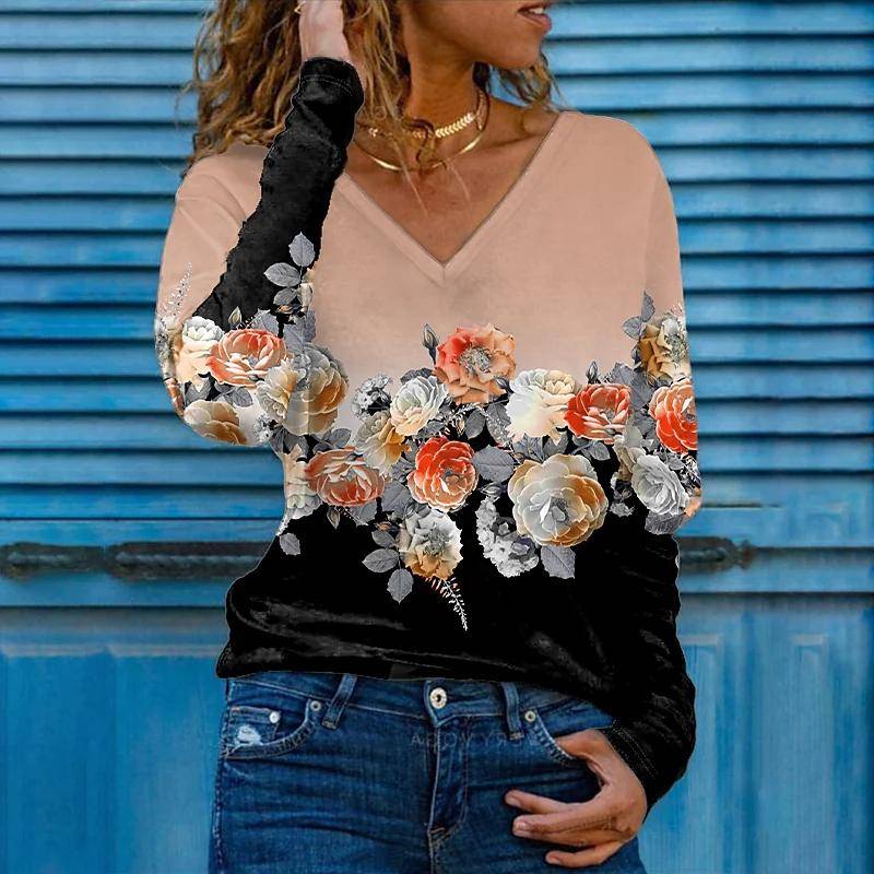 3D-Druck Rose Frauen T-Shirts Damen Tops Langarm V-Ausschnitt Pullover Femme T-Shirts T-Shirt für Frauen 8XL orange von Joom DACH