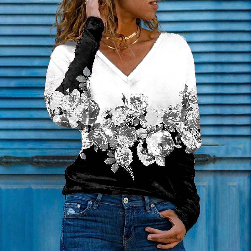 3D-Druck Rose Frauen T-Shirts Damen Tops Langarm V-Ausschnitt Pullover Femme T-Shirts T-Shirt für Frauen 8XL weiß von Joom DACH