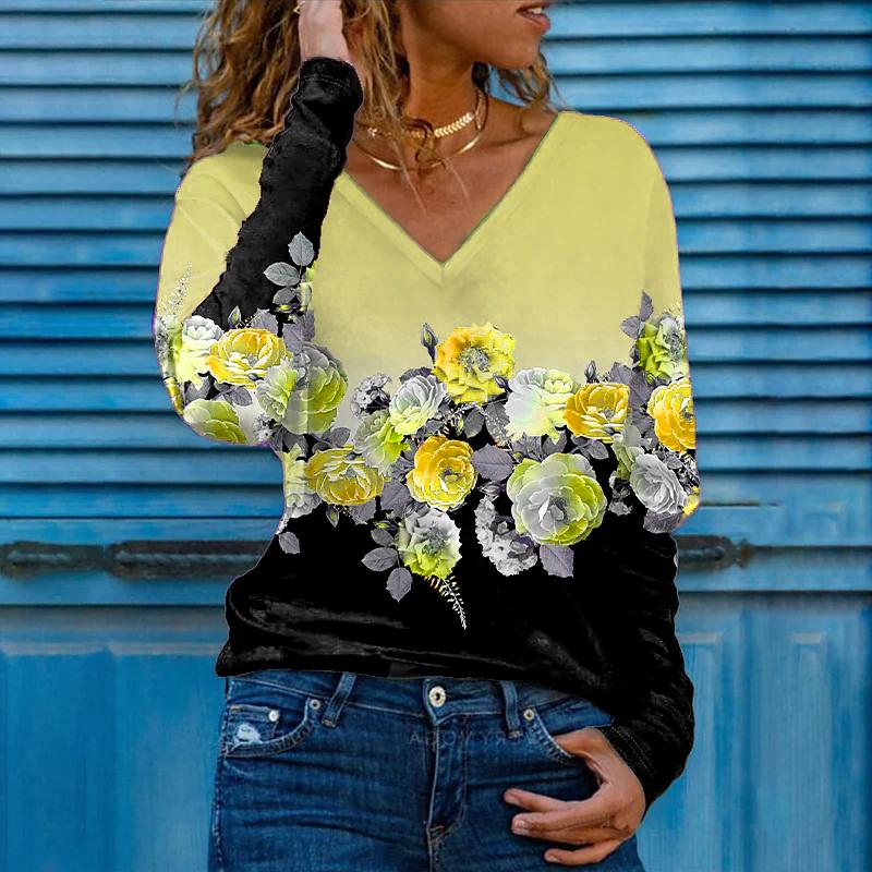 3D-Druck Rose Frauen T-Shirts Damen Tops Langarm V-Ausschnitt Pullover Femme T-Shirts T-Shirt für Frauen L von Joom DACH