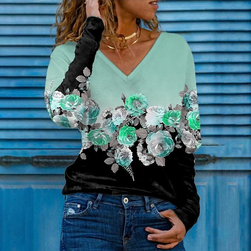 3D-Druck Rose Frauen T-Shirts Damen Tops Langarm V-Ausschnitt Pullover Femme T-Shirts T-Shirt für Frauen L grün von Joom DACH