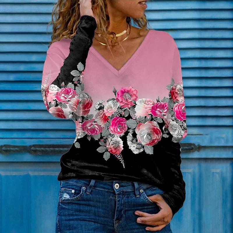 3D-Druck Rose Frauen T-Shirts Damen Tops Langarm V-Ausschnitt Pullover Femme T-Shirts T-Shirt für Frauen XL von Joom DACH