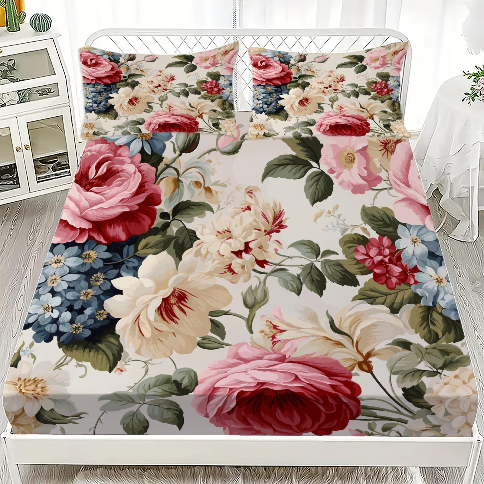 3D Flora Gedrucktes Bettlaken-Set Gedruckte Spannbettlaken mit 1/2 Kissenbezügen Kundenspezifisch Geeignet für Jungen und Mädchen Dekor 90x200cmx25 von Joom DACH