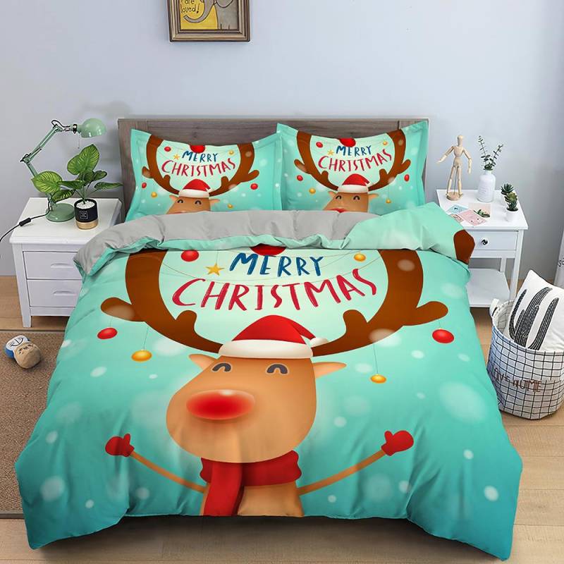 3D Frohe Weihnachten King Queen Bettwäscheset Kinder Cartoon Weihnachtsmann Schneemann Rentier Bettdeckenbezug XMAS Bettbezug Polyester Steppdecke EU single(135x200cm) von Joom DACH