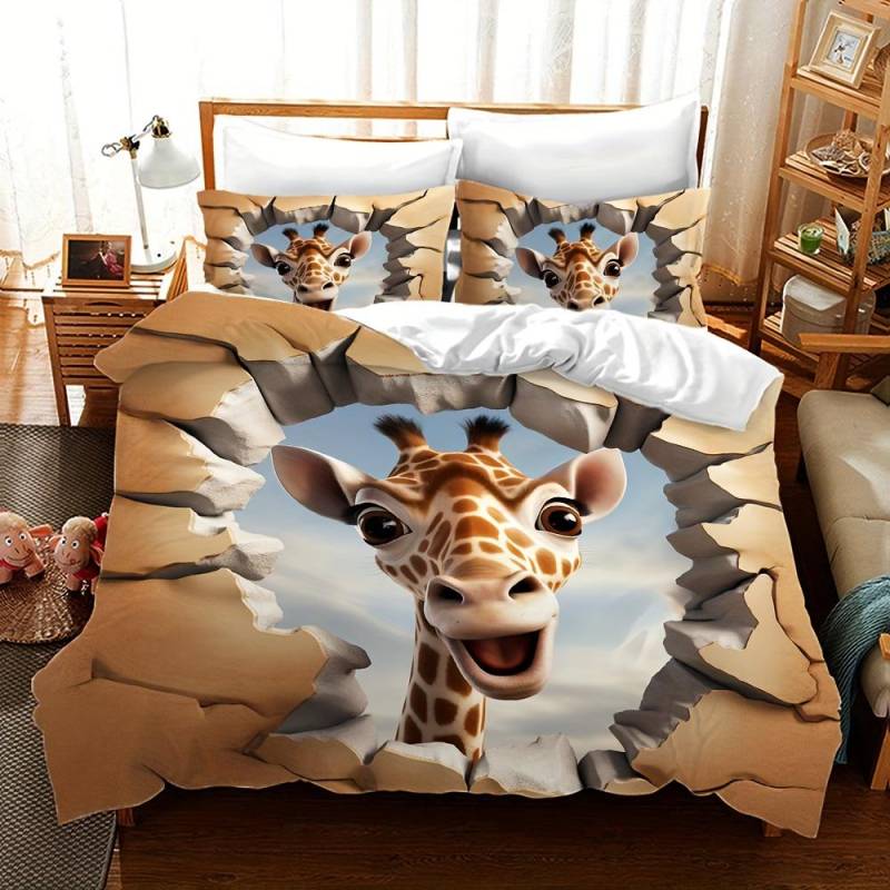 3D Giraffen-Print Bettbezug-Set mit Kissenbezug Tiermotiv Ganzjahresbettwäsche Polyestergewebe Maschinenwaschbar Digitaldruck EU Single 135x200cm von Joom DACH