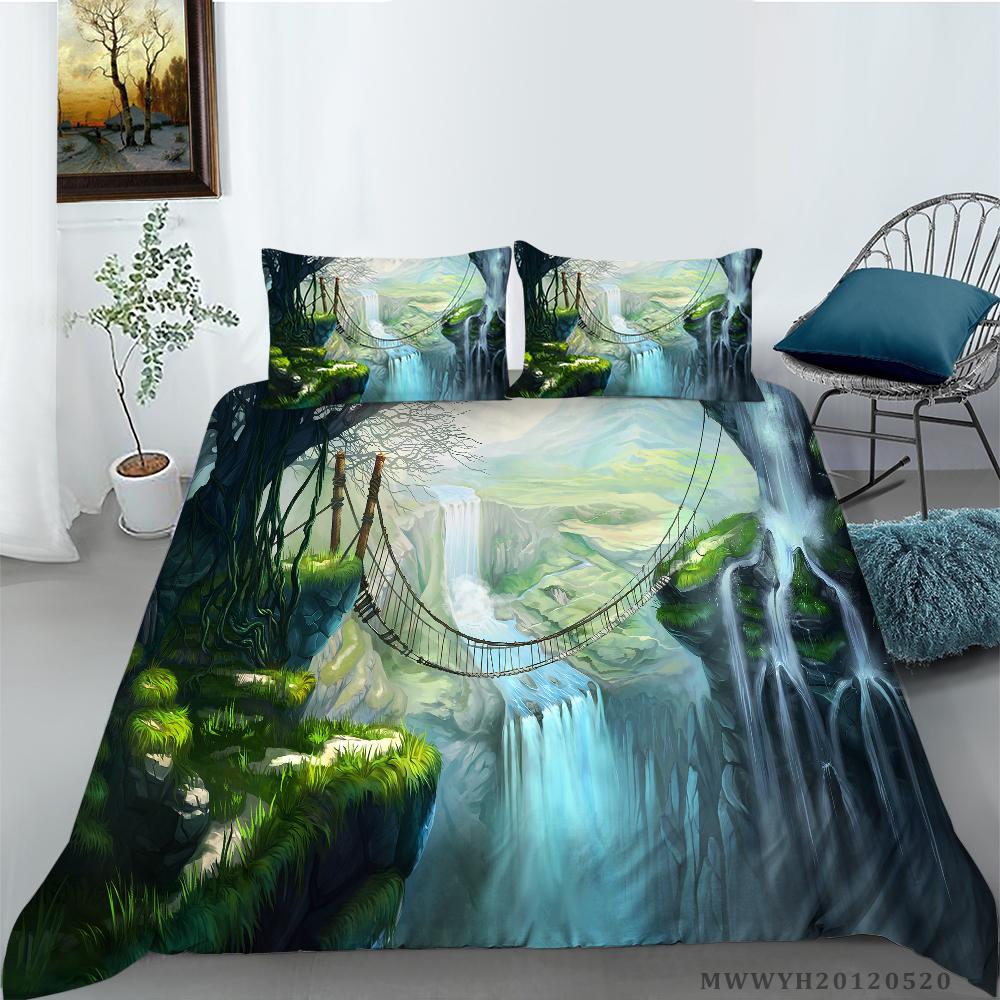 3D Grüner Wasserfall Ölgemälde Druck Bettwäsche Set Bettbezug mit Kissenbezügen Twin Queen King Größen 2/3Stk EU single(135x200cm) von Joom DACH