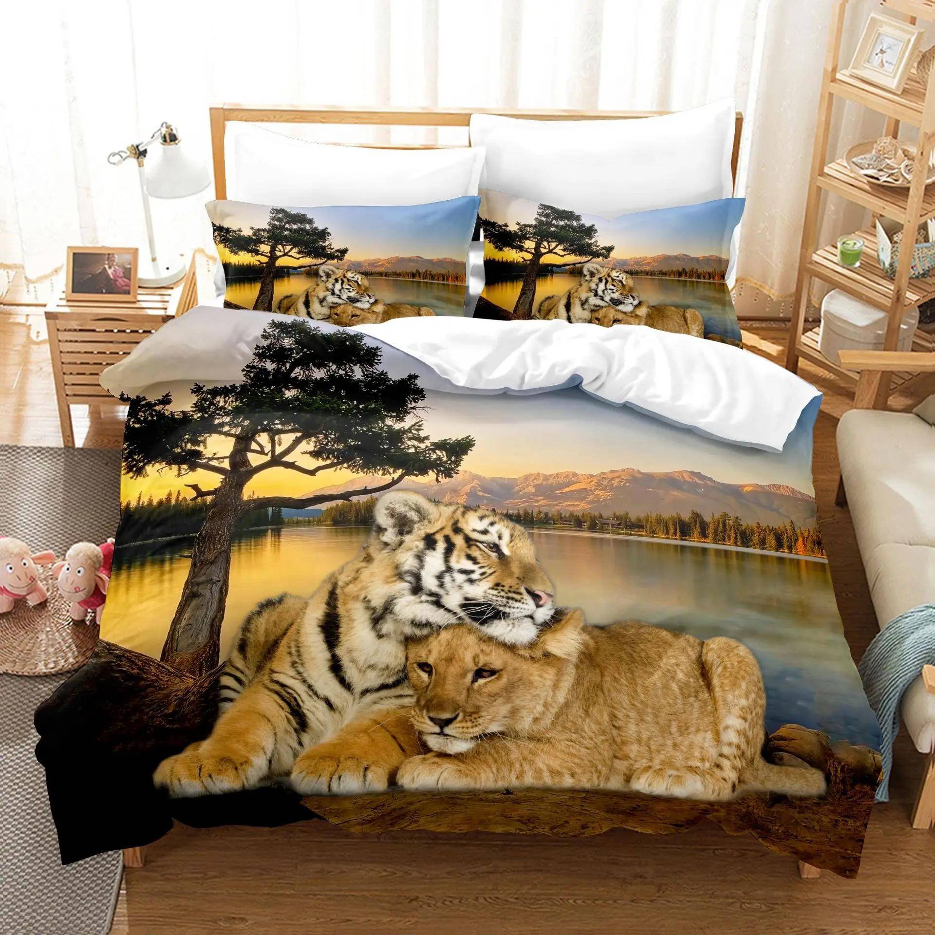 3D Haustier Katze Bettdecke Bettwäscheset für Kinder, Niedliches Kätzchen und Tiger Bettbezug für Jungen und Mädchen, Mysteriöse schwarze Katze Tagesdecke EU single(135x200cm) von Joom DACH