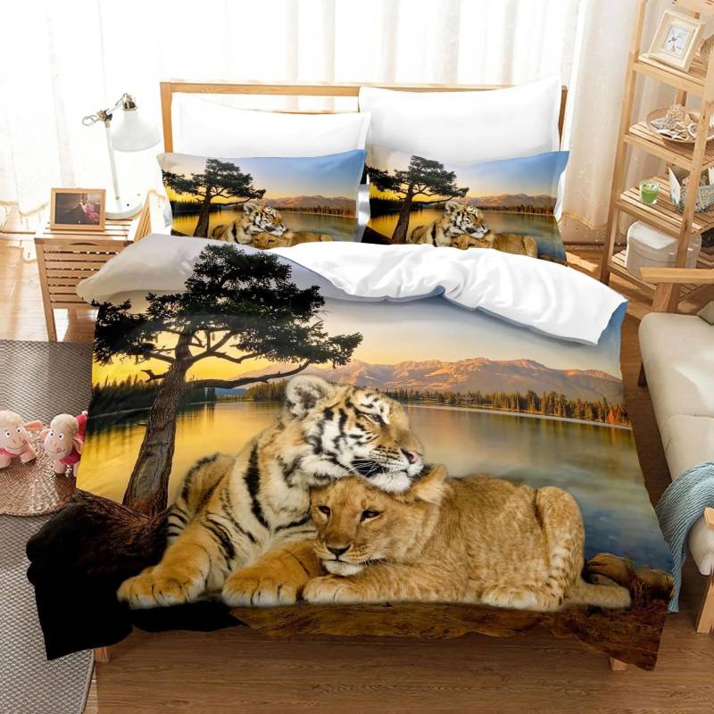 3D Haustier Katze Bettdecke Bettwäscheset für Kinder, Niedliches Kätzchen und Tiger Bettbezug für Jungen und Mädchen, Mysteriöse schwarze Katze Tagesdecke EU single(135x200cm) von Joom DACH