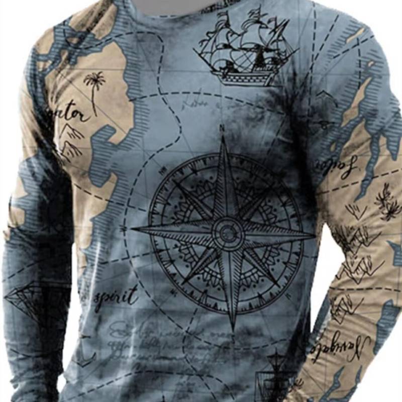 3D Herren Langarm Weltkarte Freizeit Sport Fitness Retro Klassisch Langarm Outdoor Sport T-Shirt Übergroß Warm Longsleeve XL von Joom DACH