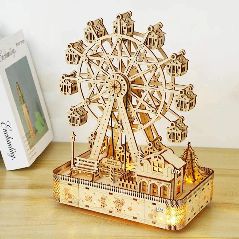 3D Holz Puzzles Led Drehbare Riesenrad Musik Oktave Box Modell Mechanische Kit Montage Decor DIY Spielzeug Geschenk für Kind erwachsene hellbraun von Joom DACH
