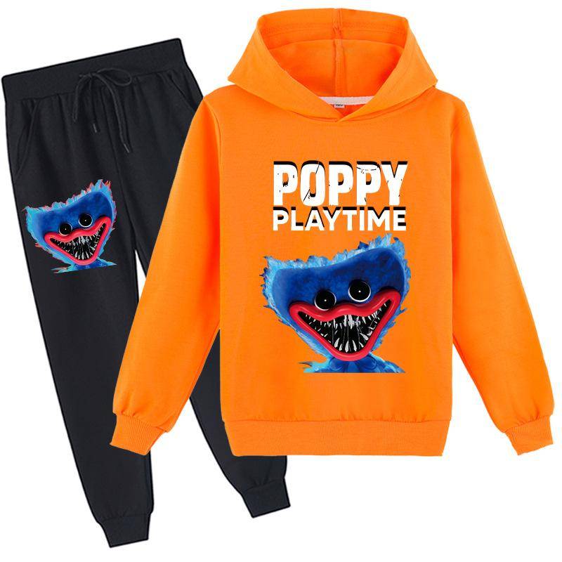 3D-Hoodie-Set für Kinder Huggy Wuggy Pullover-Trainingsanzug Poppy Playtime Kinderpullover + Hose 140cm orange von Joom DACH