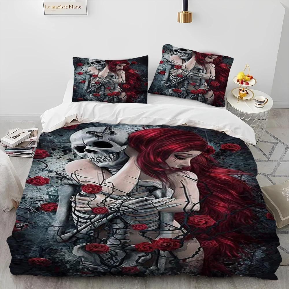 3D Horror Gothic Weiblicher Schädel Totes Mädchen Bettdecke Bettwäscheset, Bettbezug Bettset Steppdecke Kissenbezug, Queen Size Bettwäscheset EU single(135x200cm) von Joom DACH