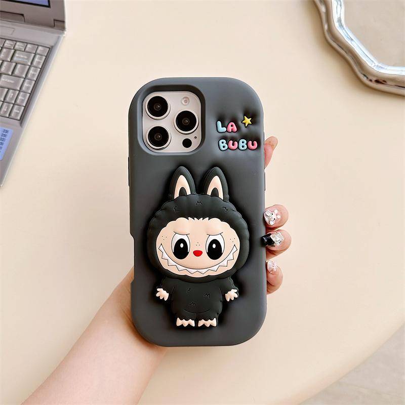 3D Niedlicher Labubu Halter Handyhülle Für iPhone 17 16 15 14 13 12 11 Pro Max 16E Weiche Silikonhülle iPhone 12 Pro dunkelgrau von Joom DACH