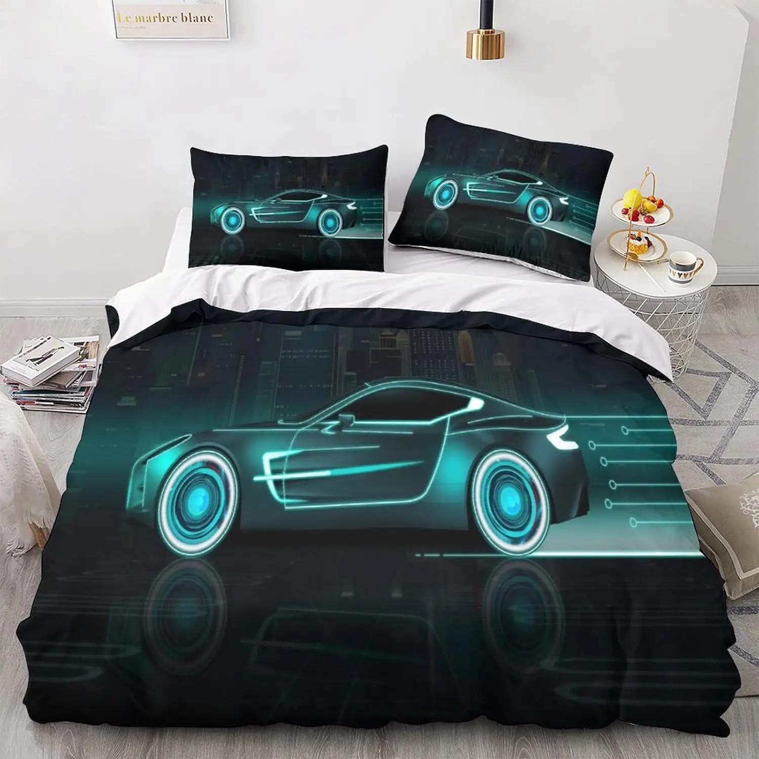 3D Rennwagen Gedrucktes Bettwäscheset Bettbezug, Cartoon Bettdecke Steppdeckenbezug Set und Kissenbezug 2-teilig Für Kinder Teenager Jungen 135x200m von Joom DACH