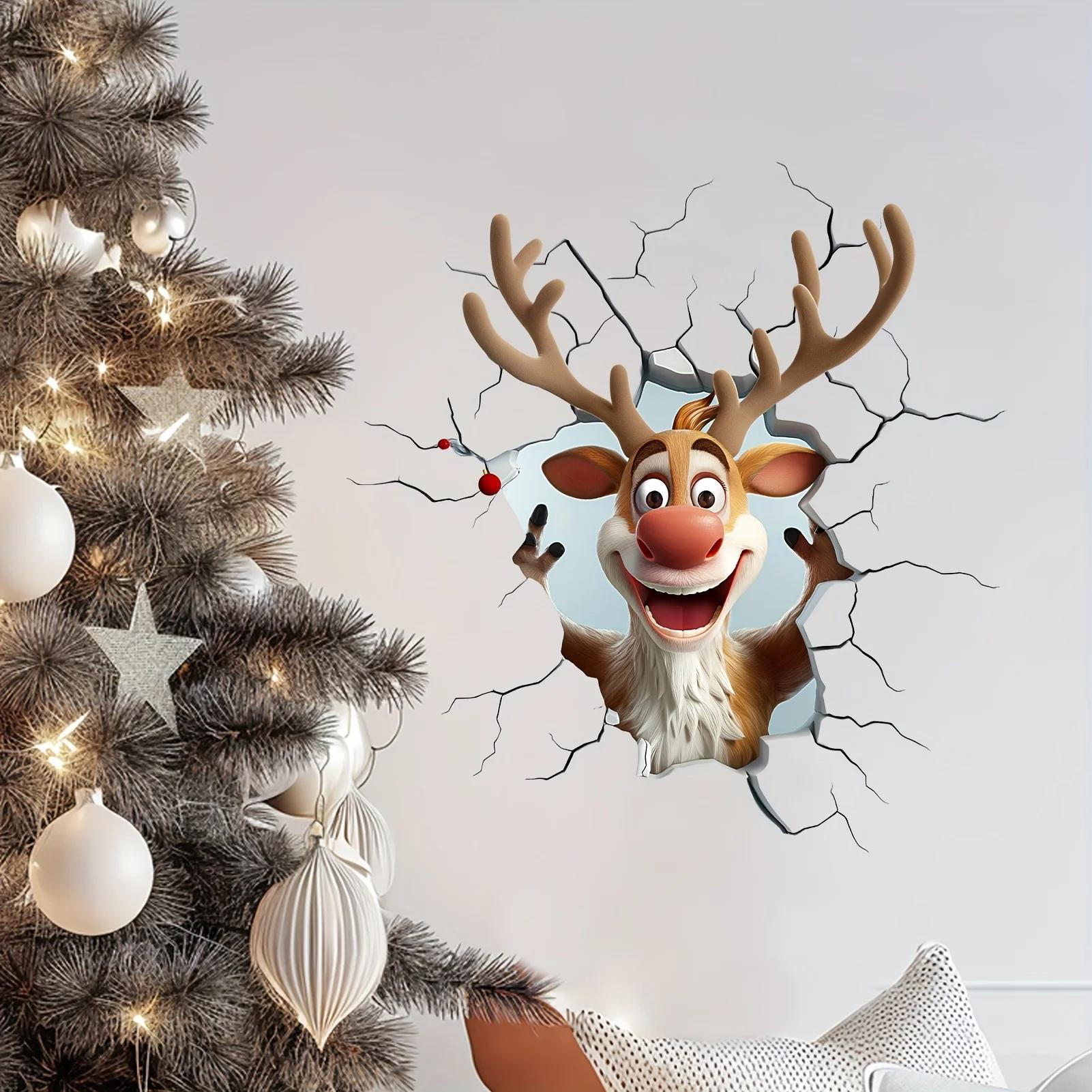 3D Rentier Durchbruch Wandaufkleber, Vinyl Weihnachts-Wandsticker, Abnehmbare Feiertagsdekoration für Zuhause und Wohnräume von Joom DACH