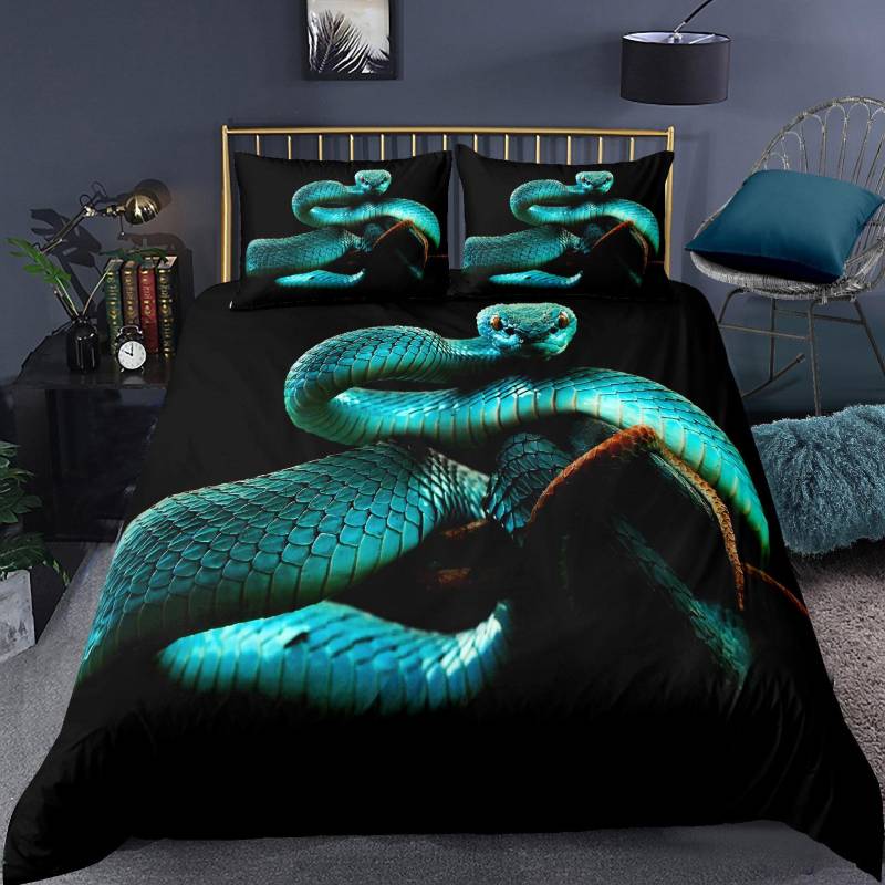 3D-Schlangen-Bettwäscheset für Kinder, Jungen, Teenager, grüner Schlangen-Bettbezug, 3D-Reptilien-Druck, Bettwäscheset, Steppdecke mit Wildtieren 135X200cm 2PCS von Joom DACH