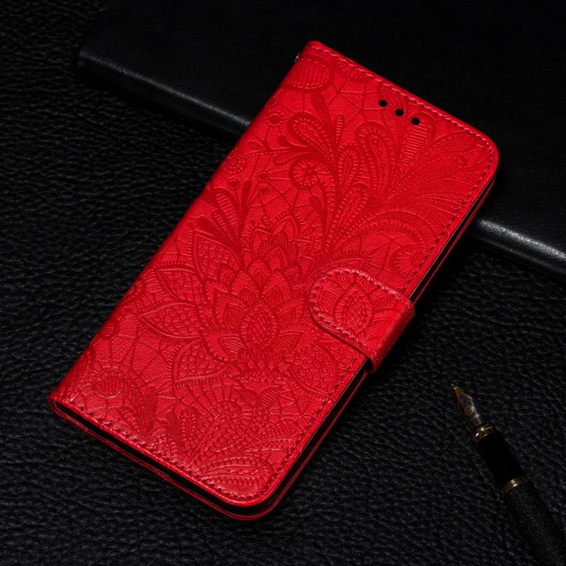 3D-Spitze-Blumen-Prägung Leder-Flip-Wallet-Hülle für Samsung Xiaomi Redmi Note Huawei Honor iPhone iPhone XS Max rot von Joom DACH