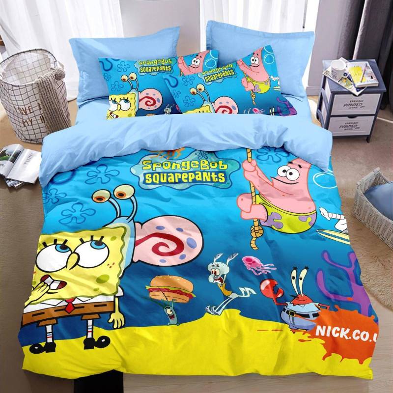 3D SpongeBob SquarePants Polyester Bettbezug-Set für Kinder, King-Size-Bettwäsche, Bettdecken-Sets, 100% Polyester 135x200cm von Joom DACH