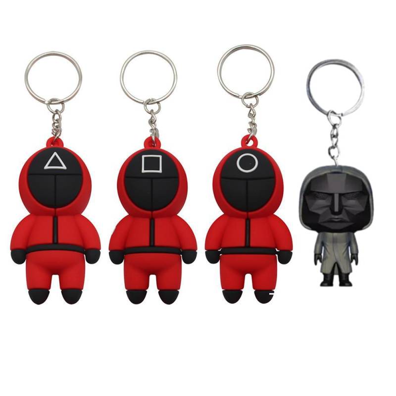 3D Tintenfisch Spiel Figuren Maske Schlüsselbund Charms Zubehör Runde Sechs Cosplay Schlüsselanhänger für Damen Frauen Männer Kinder Schlüssel Kette Spielzeug geschenk 4Pcs dargestellt von Joom DACH