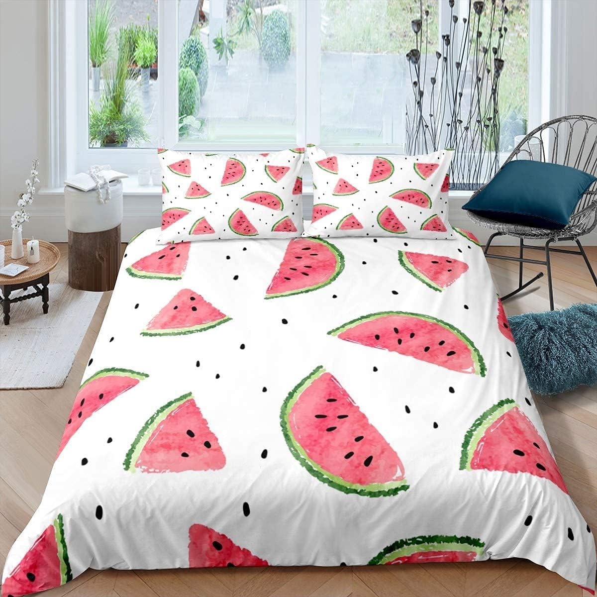 3D Wassermelone Bettbezug Set Kinder Jungen Mädchen, Köstlicher Fruchtdruck Bettwäscheset Wassermelonenkern Cooles Sommer Bettdeckenbezug Set 90x200cm-2pcs von Joom DACH