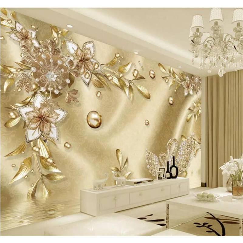3D dreidimensionale goldene Blumen-Fototapete, europäisches Luxus-Edelstein-Blumen-Wandbild, Wohnzimmer-TV-Hintergrund-Wandbild 500 cm(W) x 320 cm(H) von Joom DACH