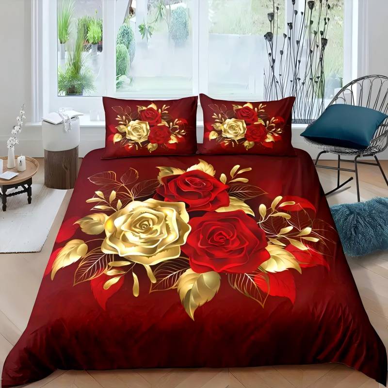 3D-gedruckter Quiltbezug Elegant Hochwertig Romantische Rose Bettwäschebezug Kissenbezug Heimtextilien Gold Floral Bettbezug-Sets EU single(135x200cm) von Joom DACH