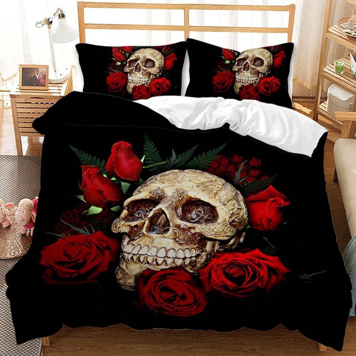 3D-gedrucktes modisches Boutique-Totenkopf- und Rosen-Superweiches Ultrafeinfaser-Bettlaken-Set, Kinder und Erwachsene Doppelbettgröße mit Reißverschluss 90x200cm von Joom DACH