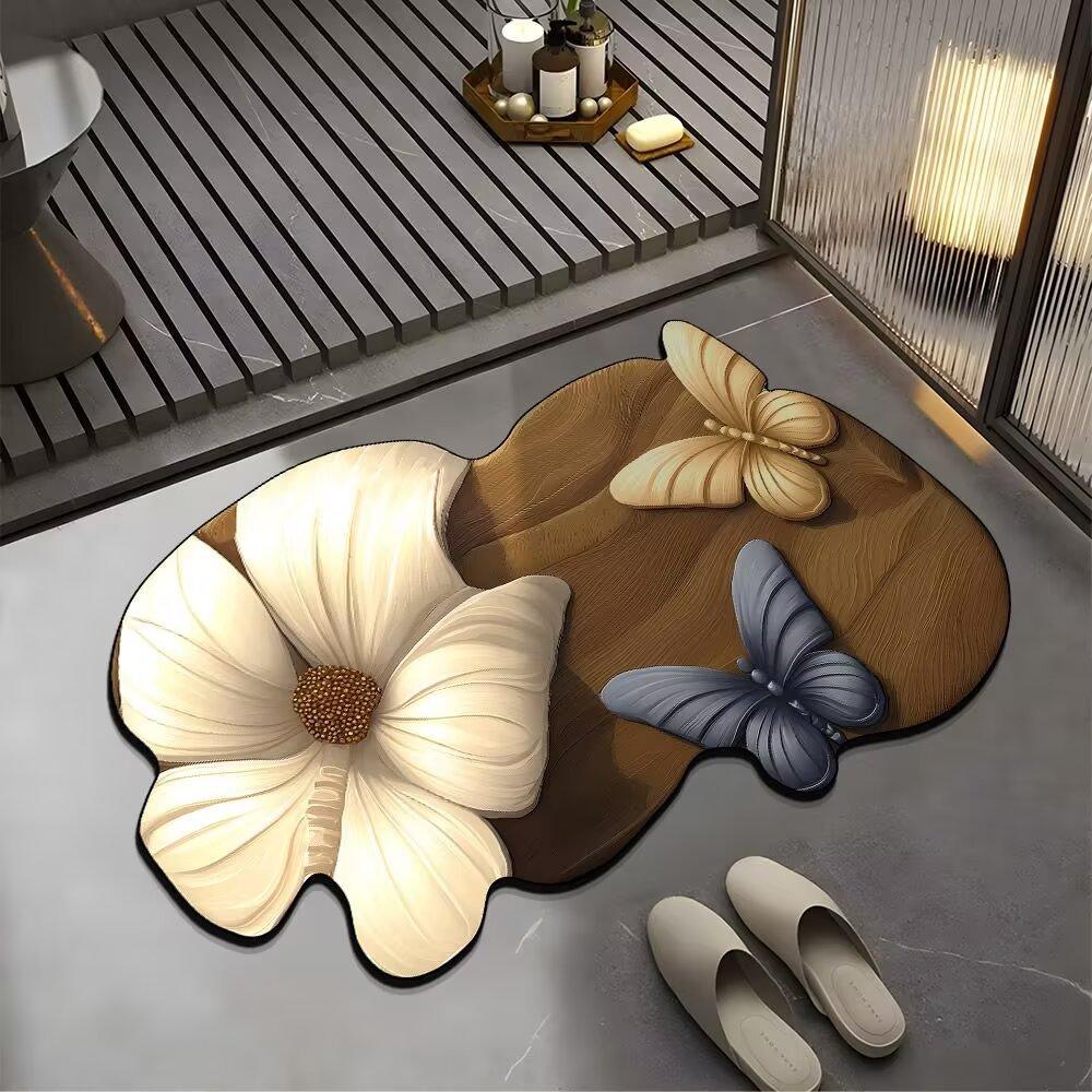 3D-visuelle Schmetterlings-Blumenmatte – saugfähiger Badezimmerteppich, dekorative Fußmatte und einzigartig geformte wasserabweisende Eingangsmatte für den Innenbereich 40*60cm von Joom DACH
