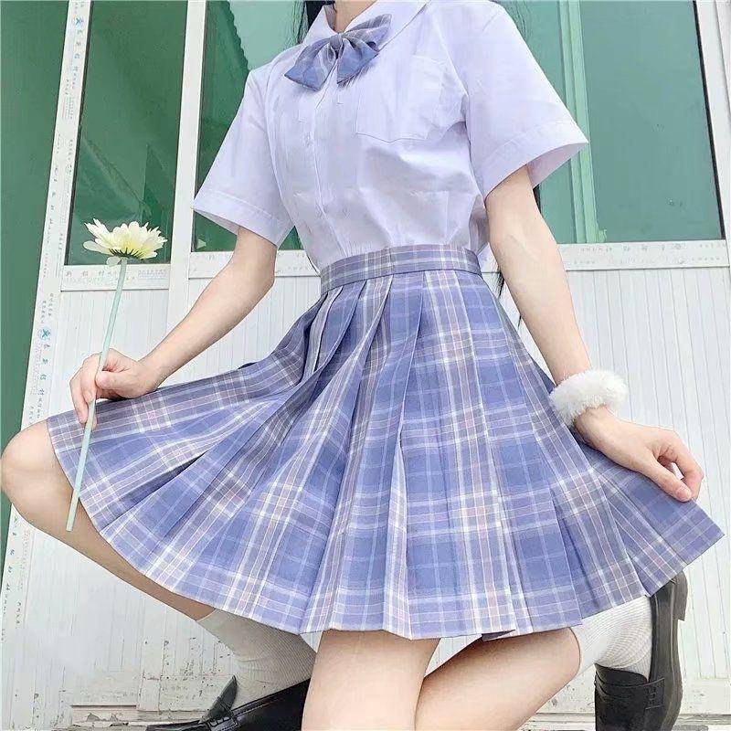 3Pcs Frauen Anime Uniform Set Plissee Röcke Sommer JK Shirt Kurzarm Tops Mini Plaid Rock Anzug L violett von Joom DACH