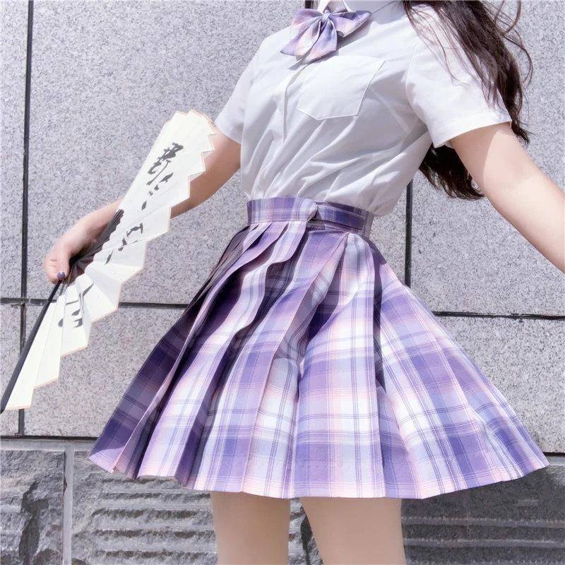 3Pcs Frauen Anime Uniform Set Plissee Röcke Sommer JK Shirt Kurzarm Tops Mini Plaid Rock Anzug S von Joom DACH