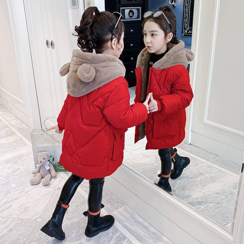 4-12 Jahre Mädchen Mantel Plus samt warme Winterjacke für Mädchen Mode lange Parkas Schneeanzug niedliche Bären mit Kapuze Kinderoberbekleidung 140 rot von Joom DACH