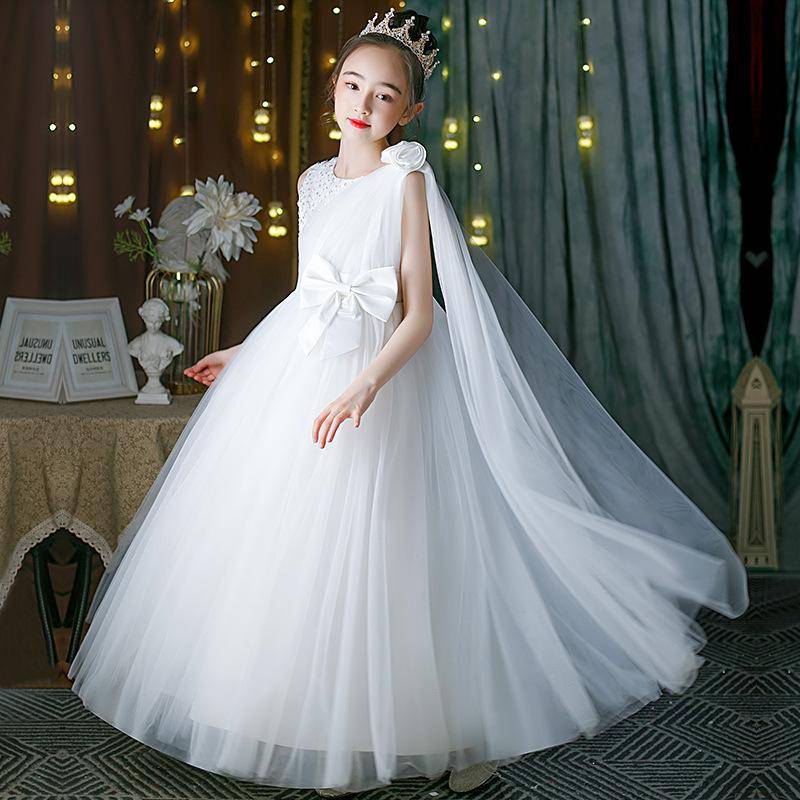 4–14 Jahre Mädchen Schleife vorne Stereo Blume Mesh Saum lange Prinzessin Kleid Party Kostüm Vestidos 120 weiß von Joom DACH
