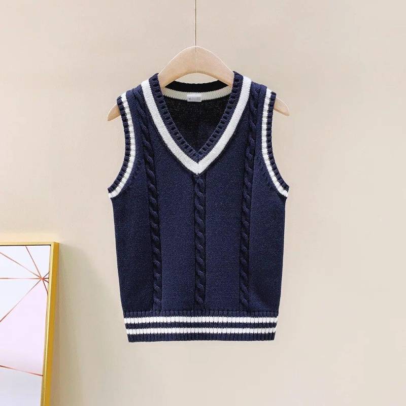 4-15 Jahre Schulkinder Strickweste Preppy Style Casual All-Match Oberbekleidung Westen für Mädchen Frühling Herbst Kinder Pullover 110cm weiß/dunkelblau von Joom DACH