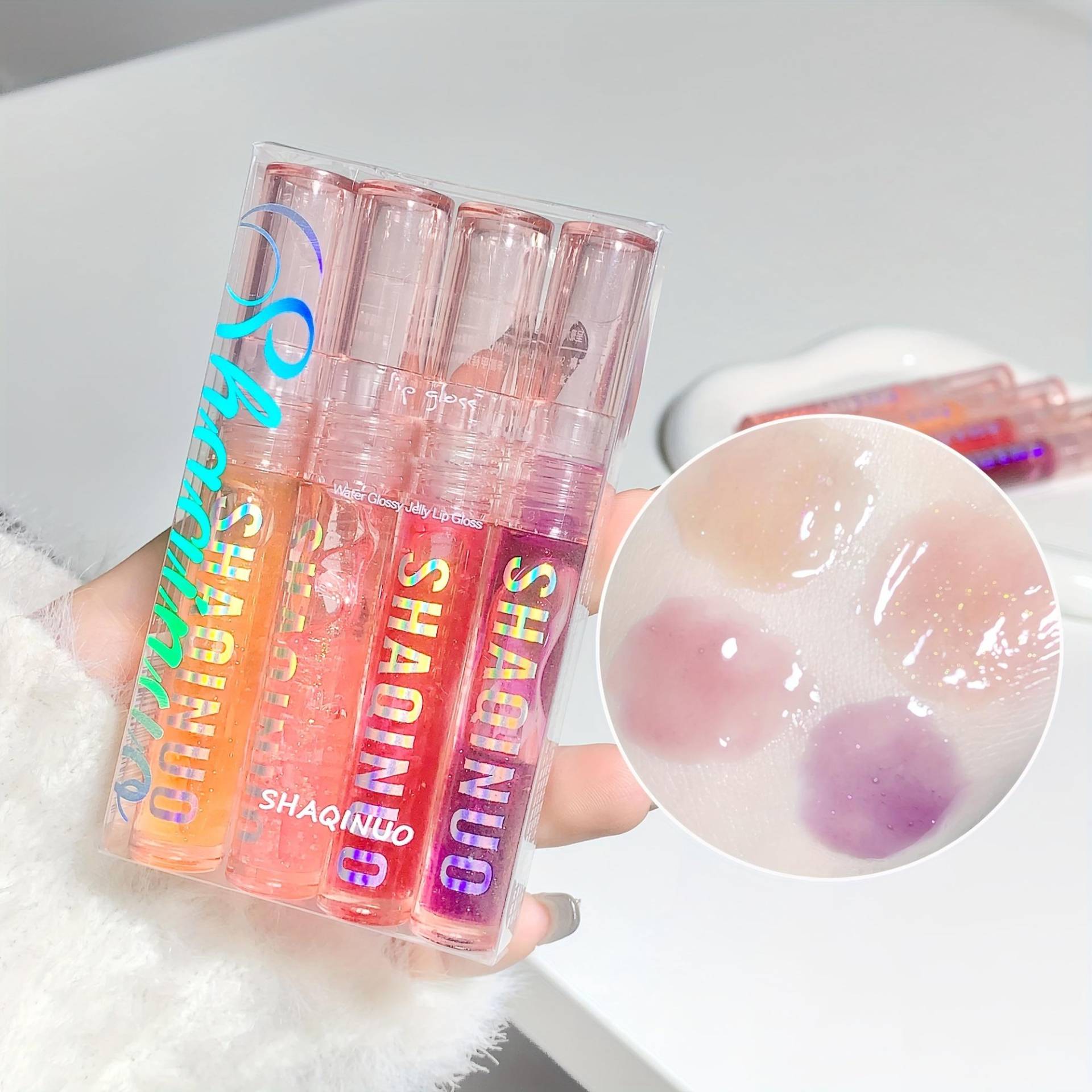 4 PCS Wasser-glanz Spiegel Jelly Lip Gloss Feuchtigkeitsspendende Lippen Schimmer Lip Tint Lip Care Öl 4pcs von Joom DACH