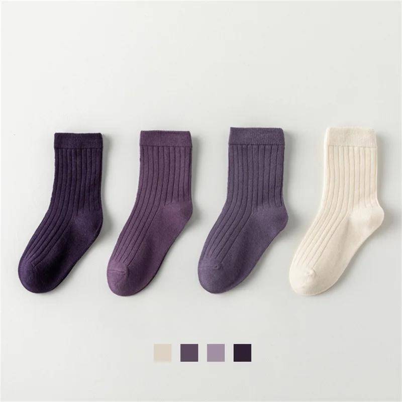 4 Paare/Hohe Qualität Herbst Winter Neue Kinder Socken Einfarbig Morandi Farbe Schublade Streifen Baby Socken S  1-3Years violett von Joom DACH