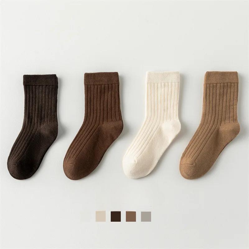 4 Paare/Hohe Qualität Herbst Winter Neue Kinder Socken Einfarbig Morandi Farbe Schublade Streifen Baby Socken XL  9-12Years kaffeebraun von Joom DACH