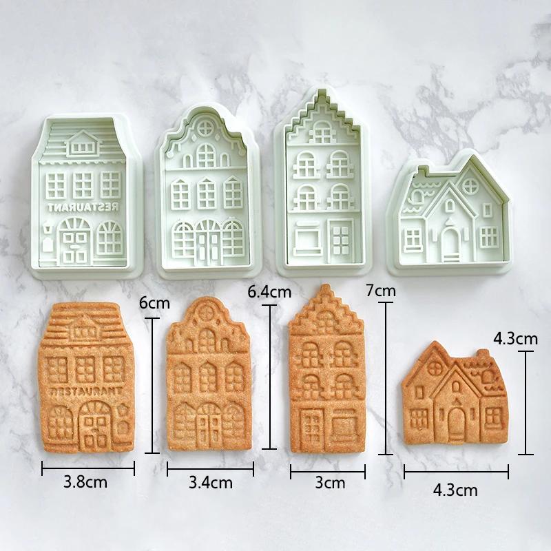 4 Stück Weihnachts-Lebkuchenhaus-Ausstechformen für Kekse, 3D-Backformen, Fondant, Kuchendekoration, Gebäck, Keksstempel, Backzubehör von Joom DACH