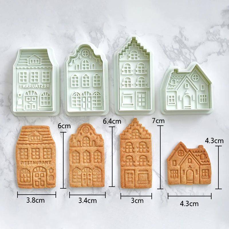 4 Stück Weihnachts-Lebkuchenhaus-Ausstechformen für Kekse, 3D-Backformen, Fondant, Kuchendekoration, Gebäck, Keksstempel, Backzubehör von Joom DACH
