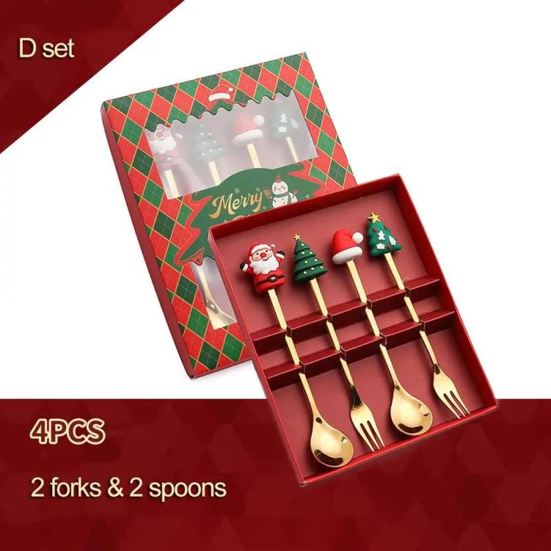 4 Stücke Frohe Weihnachten Tischdekoration Dessert Scoop Obst Gabel Löffel Set Edelstahl Kaffeelöffel Weihnachtsgeschenk Feliz Navidad von Joom DACH
