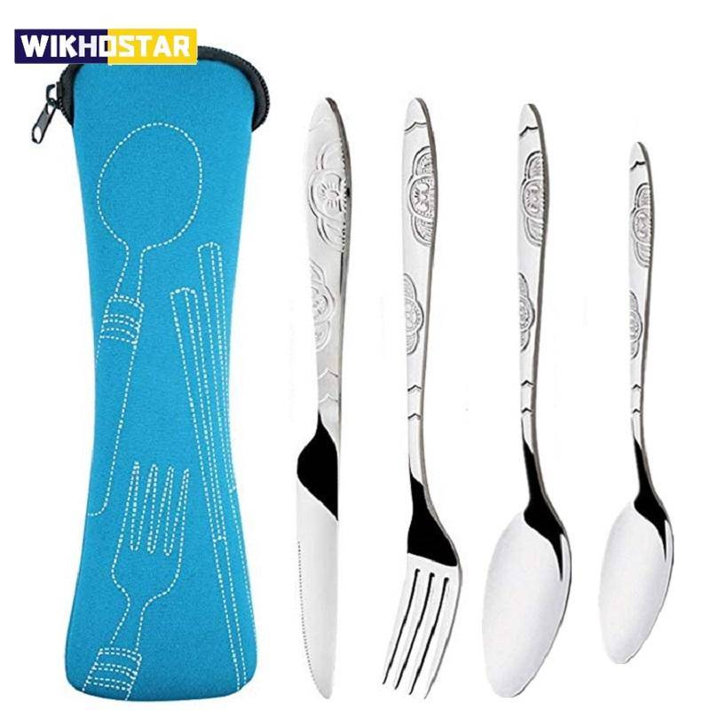 4 Teile/satz Geschirr Tragbare Gedruckt Messer Gabel Löffel Edelstahl Familie Camping Steak Besteck Geschirr mit Tasche schwarz von Joom DACH