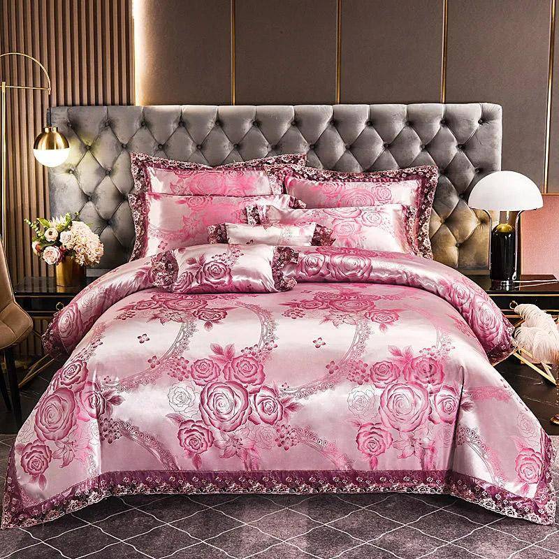 4 teile/satz Luxus Jacquard Komfortable Bettwäsche-sets Spitze Rand Bettbezug Blatt Hochzeit Bettwäsche Home Textile Tagesdecken Vier Stück Set Queen 4 pcs rosa von Joom DACH