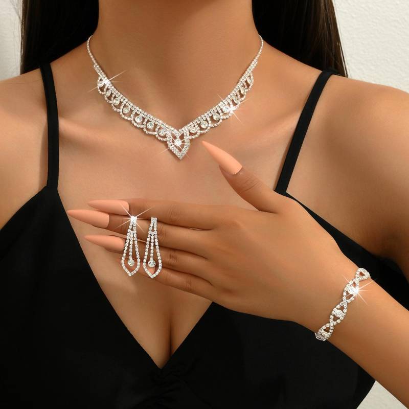 4-teiliges Damen-Krallenketten-Ohrringe, Halskette, Armband, Zirkon-Set, Schlicht und hochwertig, Hochzeitsbankett, Party, Festivalgeschenk von Joom DACH